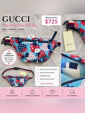 Gucci Blue, Red & White Strawberry Print Crossbody Belt Bag
